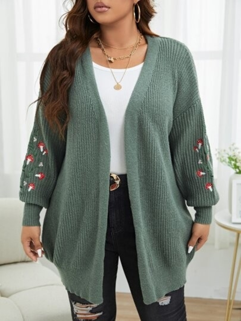 2 for 15 SHEIN Olive Green Embroidered Sleeve Open-Front Cardigan